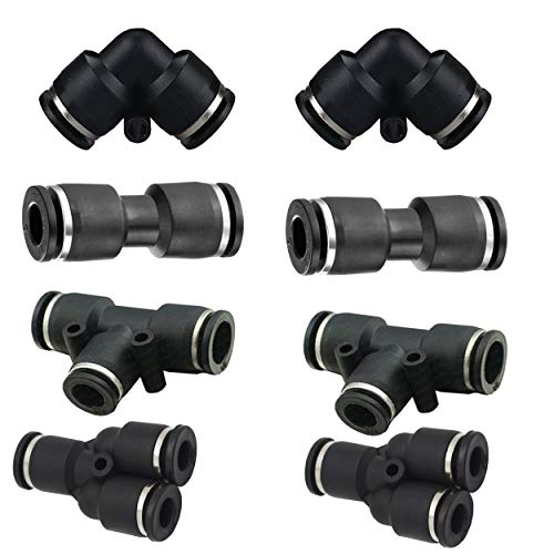 Utah Pneumatic Push to Connect Air Fittings 1/4" Od 8pcs Combo Kit 2 Y Spliter 2 Tee 2 Elbow 2 Straight Fittings for Plastic Tube Connect Push Pneumatic Fittings
