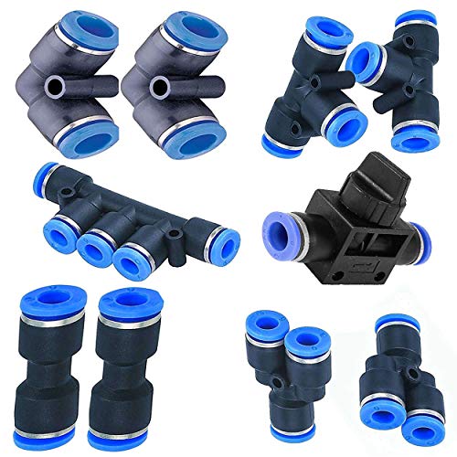 Utah Pneumatic 6mm od to 6mm Push to Connect Fittings Pneumatic Fittings kit 2 Spliters+2 Elbows+2 tee+2 Straight+1 Manifold+ Hand Valves Ultimate Professional set10 Pack Plastic (6mm Combo)